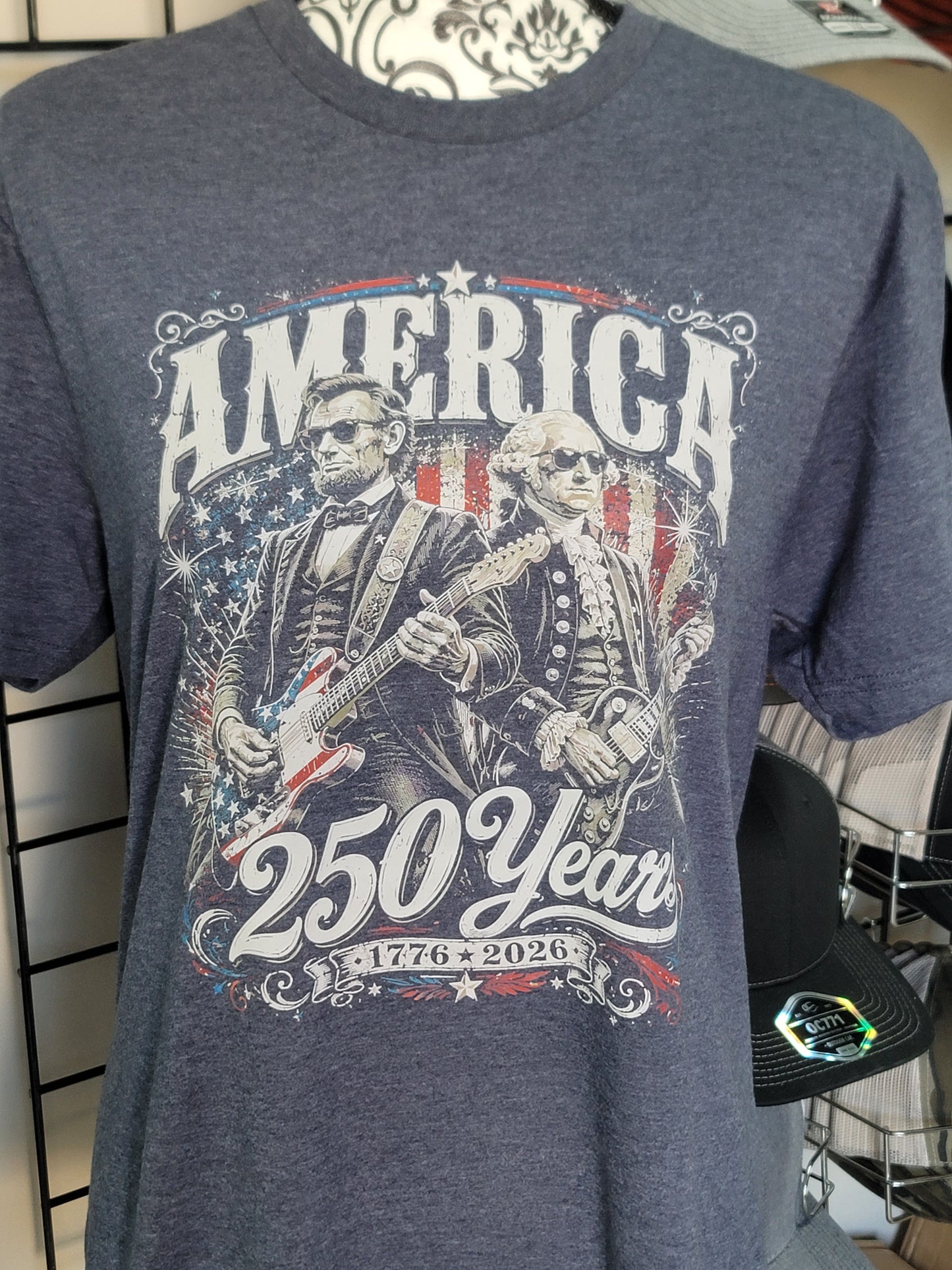 America 250 years with Lincoln and Washington on Heather Navy Shirt