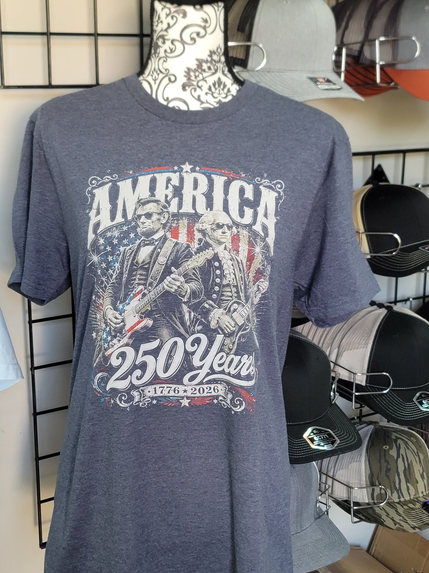America 250 years with Lincoln and Washington on Heather Navy Shirt