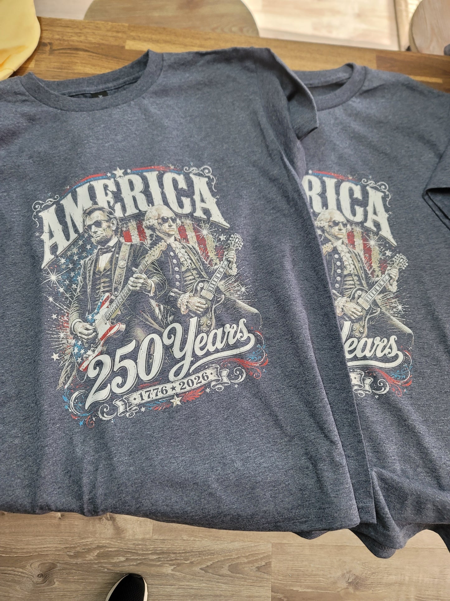 America 250 years with Lincoln and Washington on Heather Navy Shirt