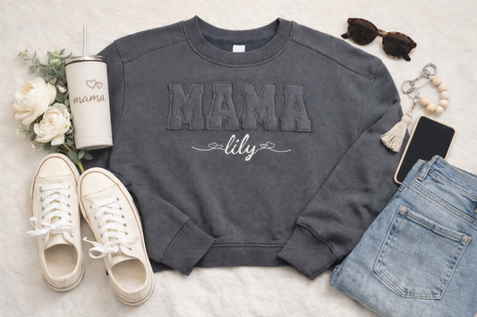 MAMA Cropped Sweatshirt, MAMA Applique, Personalized with children's names in a cursive font with hearts